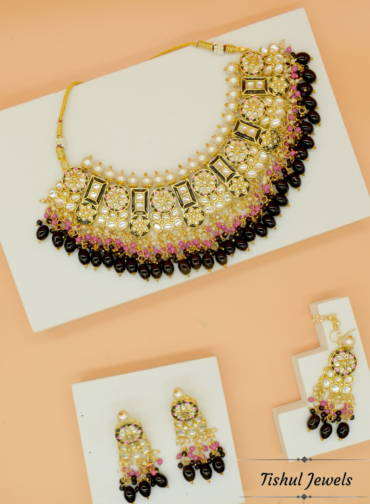 Premium Hand Made Meena Kari Black Choker Necklace Set with Maang Tikka