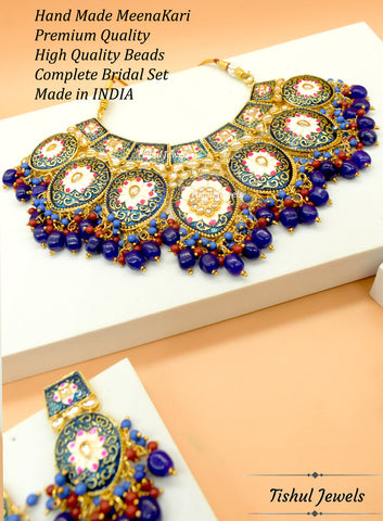 Designer Trendy Blue Choker Necklace Set with Hand made Meenakari