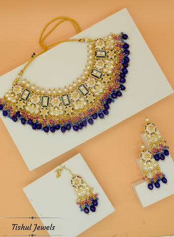 Premium Hand Made Meena Kari Blue Choker Necklace Set with Maang Tikka