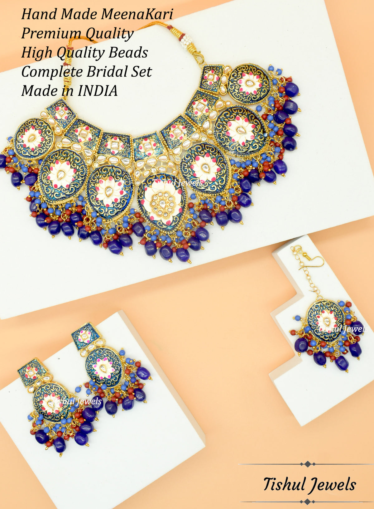 Designer Trendy Blue Choker Necklace Set with Hand made Meenakari