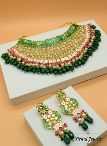 Designer Trendy Green Bridal Choker Necklace Set with Hand made Meenakari