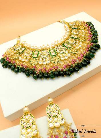 Premium Quality Latest Green Meena Kari Necklace Set with Maang Tikka