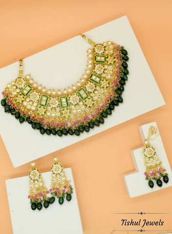 Premium Quality Latest Green Meena Kari Necklace Set with Maang Tikka