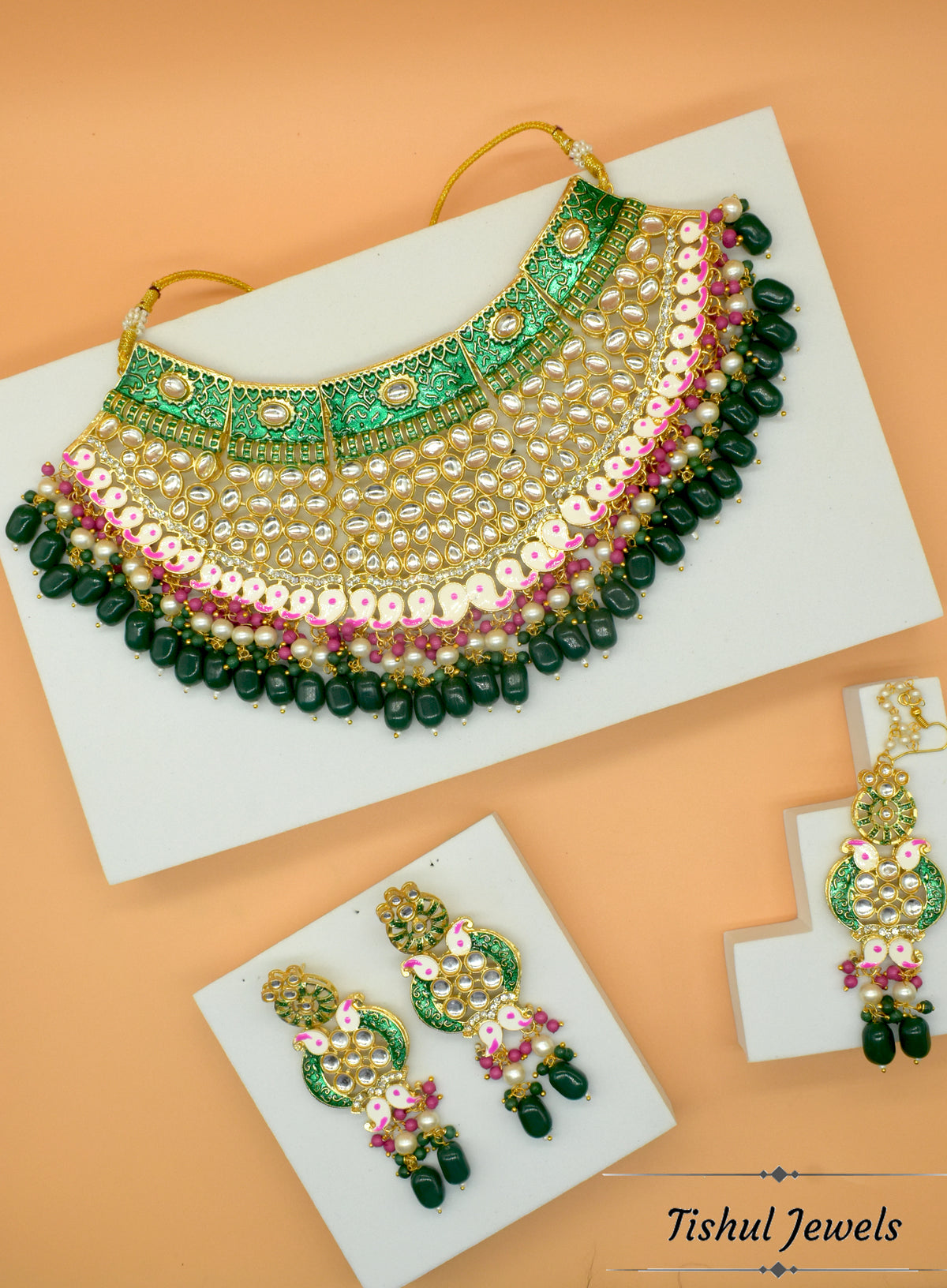 Designer Trendy Green Bridal Choker Necklace Set with Hand made Meenakari