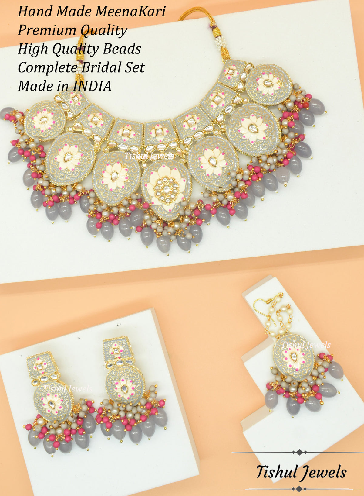 Designer Trendy Grey Choker Necklace Set with Hand made Meenakari