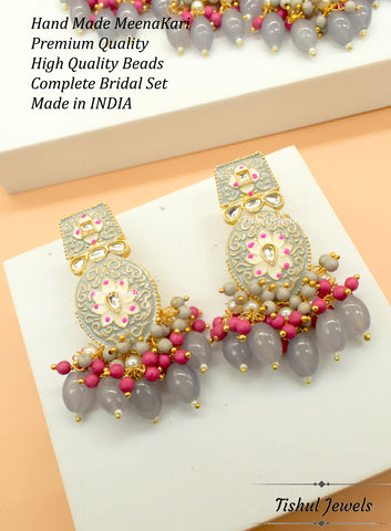 Designer Trendy Grey Choker Necklace Set with Hand made Meenakari