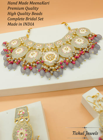 Designer Trendy Grey Choker Necklace Set with Hand made Meenakari