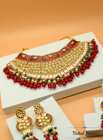 Designer Trendy Maroon Red Bridal Choker Necklace Set with Hand made Meenakari