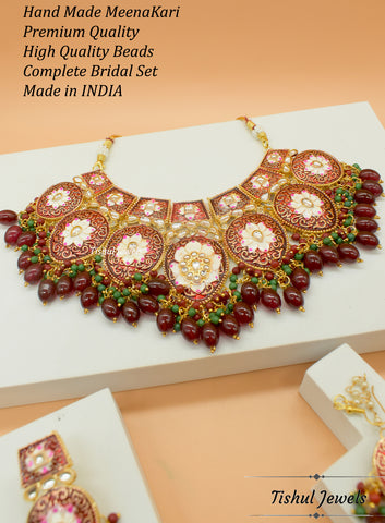 Designer Trendy Mahroon Red Choker Necklace Set with Hand made Meenakari