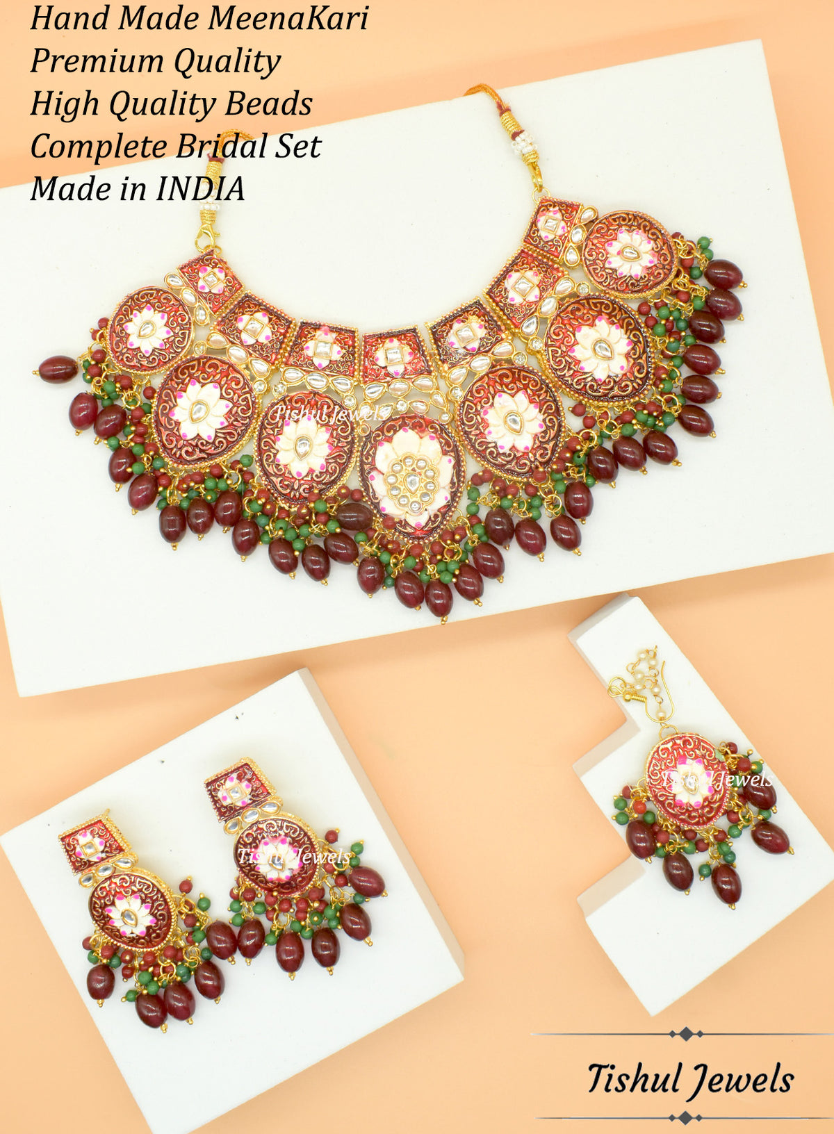 Designer Trendy Mahroon Red Choker Necklace Set with Hand made Meenakari