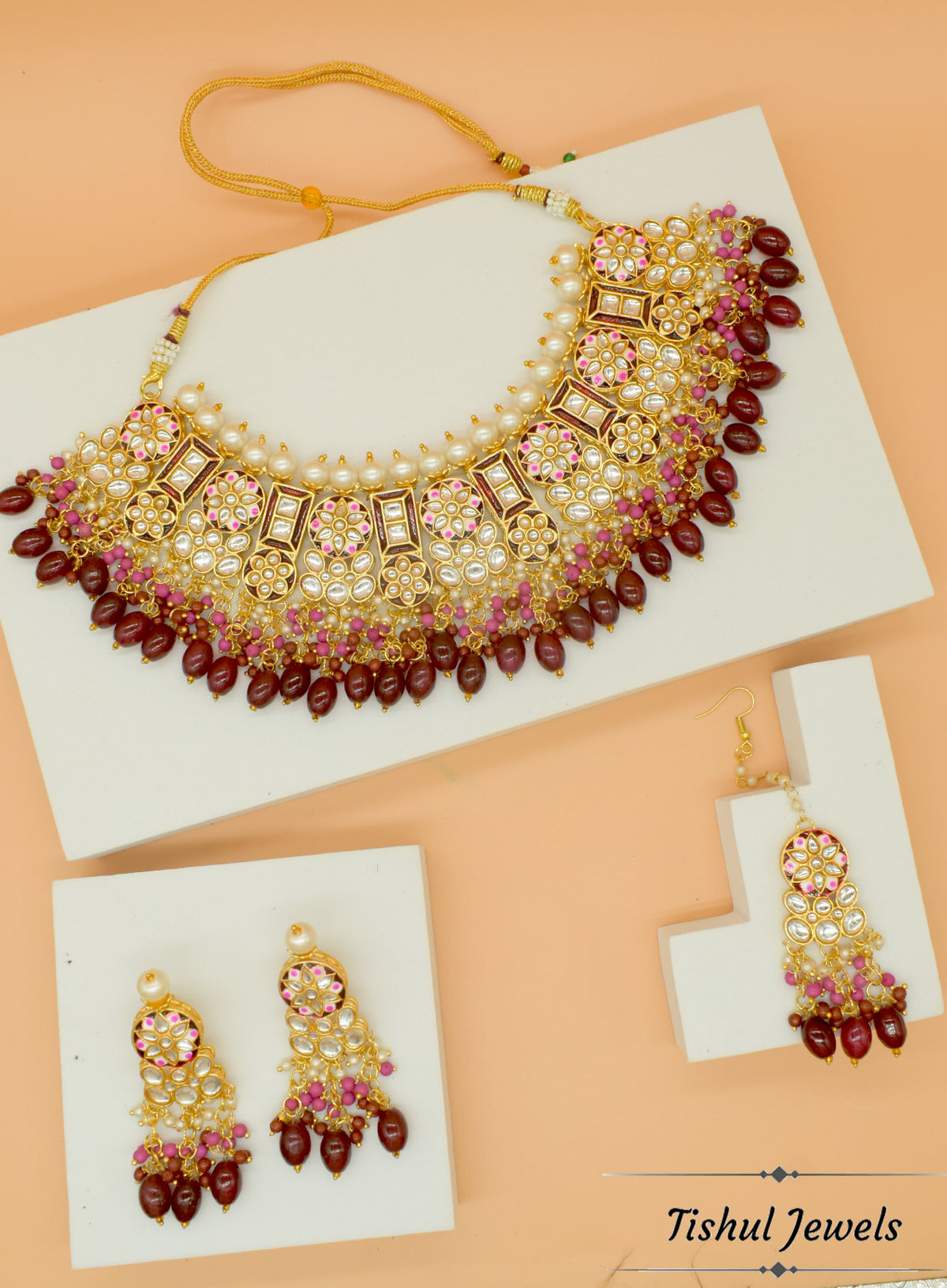 Premium Hand Made Meena Kari Maroon Choker Necklace Set with Maang Tikka