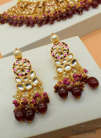 Premium Hand Made Meena Kari Maroon Red Choker Necklace Set with Maang Tikka