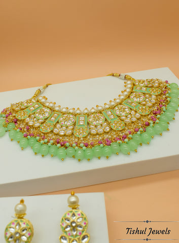 Premium Hand Made Meena Kari MInt Choker Necklace Set with Maang Tikka