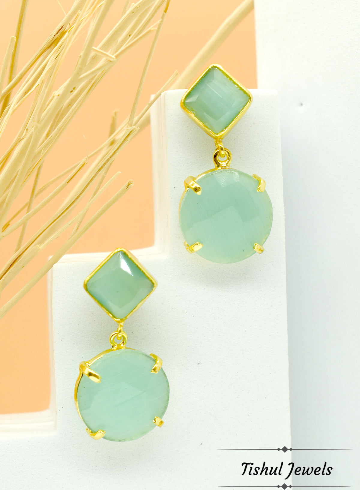 Premium Stone Based Gold Sea Green Stone Earring