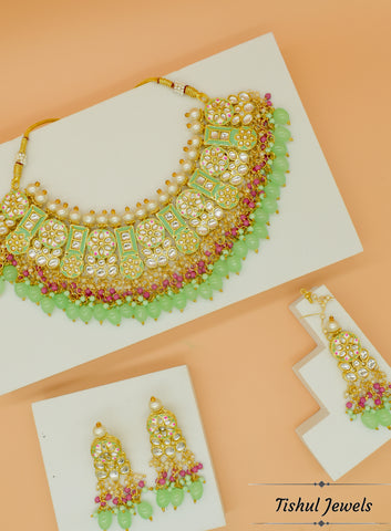 Premium Hand Made Meena Kari MInt Choker Necklace Set with Maang Tikka