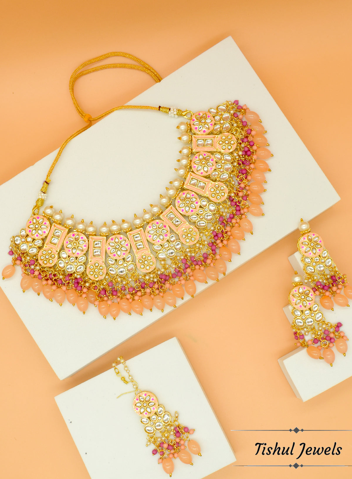 Premium Hand Made Meena Kari Beige Choker Necklace Set with Maang Tikka