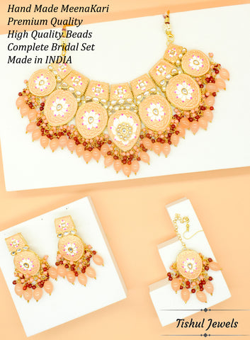 Designer Trendy Peach Choker Necklace Set with Hand made Meenakari