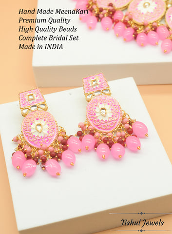 Designer Trendy Pink Choker Necklace Set with Hand made Meenakari