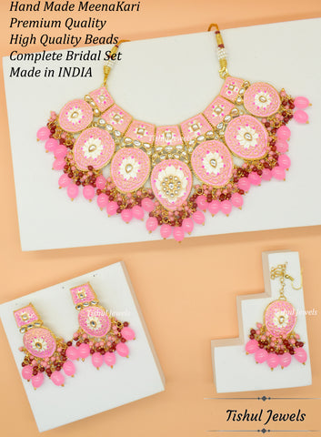 Designer Trendy Pink Choker Necklace Set with Hand made Meenakari