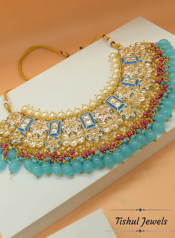 Premium Hand Made Meena Kari Sky Turquoise Choker Necklace Set with Maang Tikka