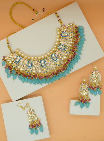 Premium Hand Made Meena Kari Sky Turquoise Choker Necklace Set with Maang Tikka