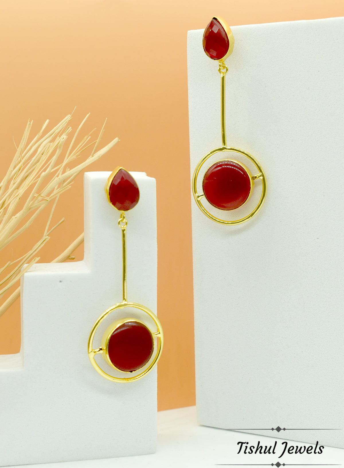 Premium Stone Based Gold Red Maroon Stone Earring